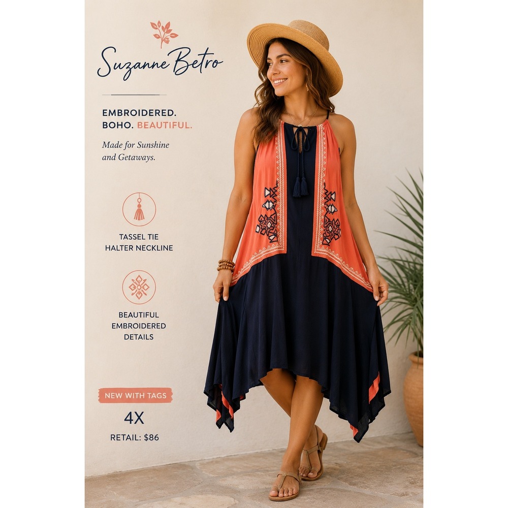 NEW Suzanne Betro 4X Orange Navy Embroidered Halter Dress